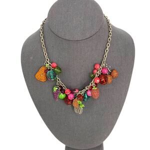 Vintage Signed Tropical Fruit Charm Glass Beaded Necklace